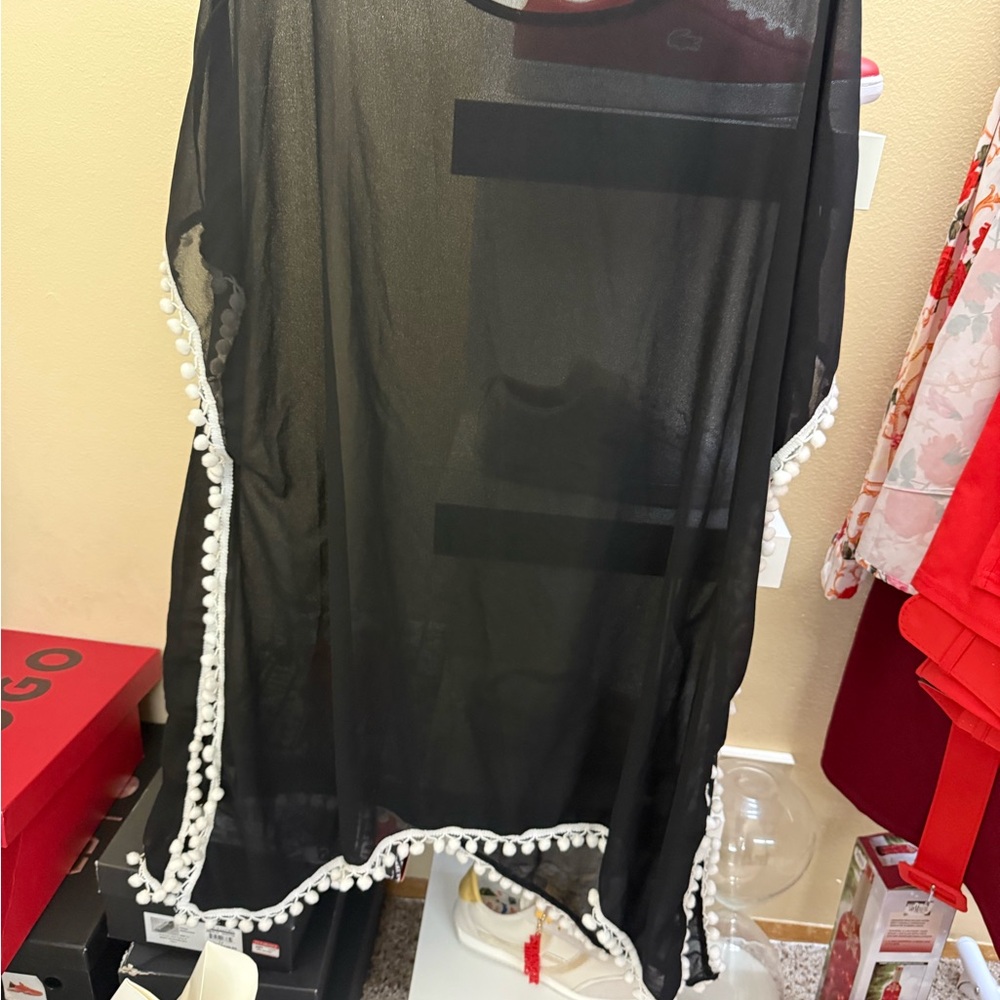 Black Sheer Maxi Dress Cover-Up with White Pom Trim